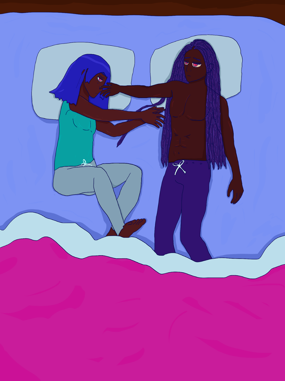 Antonio with blue hair like waves looks depressed and has tears falling from his eye, which Khaleel wipes away. Khaleel has falling dark braids around himself and wears dark sweatpants. Antonio wears an aqua shirt and gray sweatpants. Antonio and Khaleel both have red irises. They both lay in a bed and Antonio seems to want to reach him; both are obviously depressed. Khaleel is shirtless. The bed has a fuchsia pink comforter and periwinkle sheets.